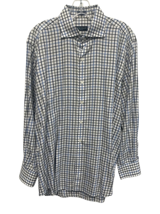 Peter Millar Size L White & Blue Cotton Grid Button Up Men's Long Sleeve Shirt White & Blue / L