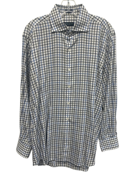 Peter Millar Size L White & Blue Cotton Grid Button Up Men's Long Sleeve Shirt White & Blue / L