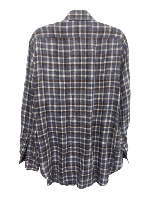 Castangia Size 42 Brown & Blue Linen Plaid Button Up Men's Long Sleeve Shirt Brown & Blue / 42