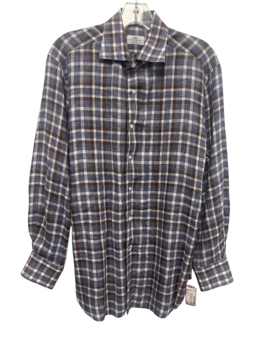 Castangia Size 42 Brown & Blue Linen Plaid Button Up Men's Long Sleeve Shirt Brown & Blue / 42
