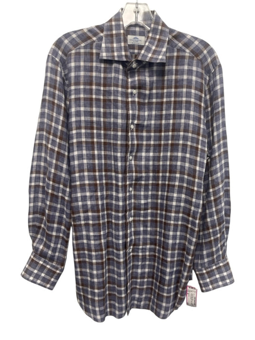 Castangia Size 42 Brown & Blue Linen Plaid Button Up Men's Long Sleeve Shirt Brown & Blue / 42