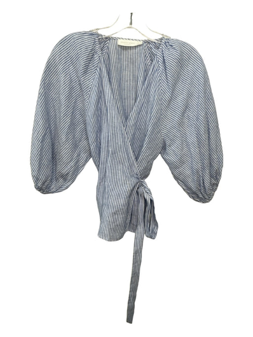 Jonathan Simkhai Size XS Blue & White Linen Striped Puff Sleeves Wrap Top Blue & White / XS