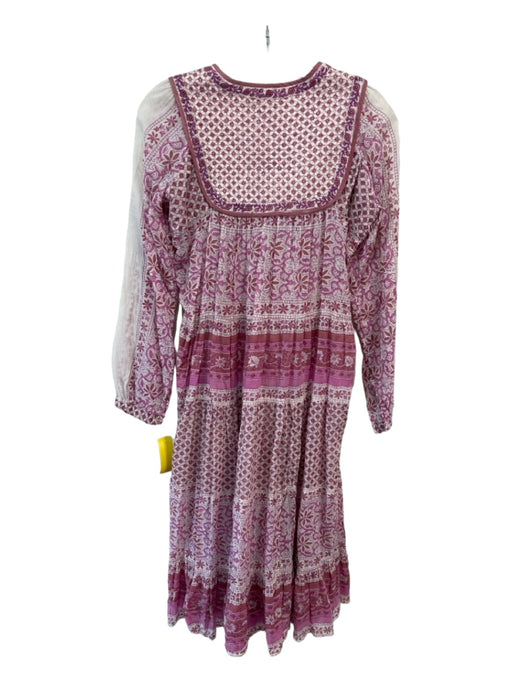 Matta Size S Pink, White, Purple Cotton Quilted Upper Long Sleeve Midi Dress Pink, White, Purple / S