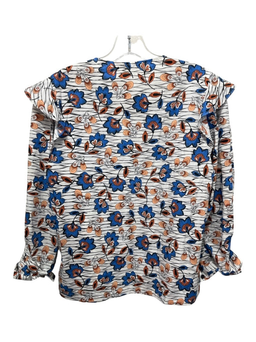 Derek Lam 10 Crosby Size 4 White, Blue & Orange Cotton V Neck Floral Top White, Blue & Orange / 4