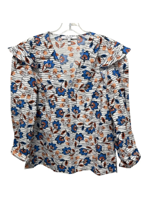 Derek Lam 10 Crosby Size 4 White, Blue & Orange Cotton V Neck Floral Top White, Blue & Orange / 4