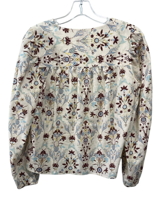 Mason's Daughter Size S Cream, Brown & Blue Linen Blend Floral V Neck Top Cream, Brown & Blue / S