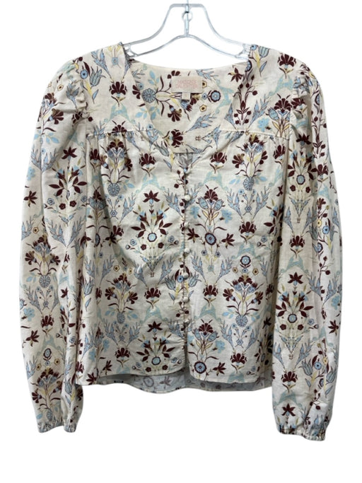 Mason's Daughter Size S Cream, Brown & Blue Linen Blend Floral V Neck Top Cream, Brown & Blue / S