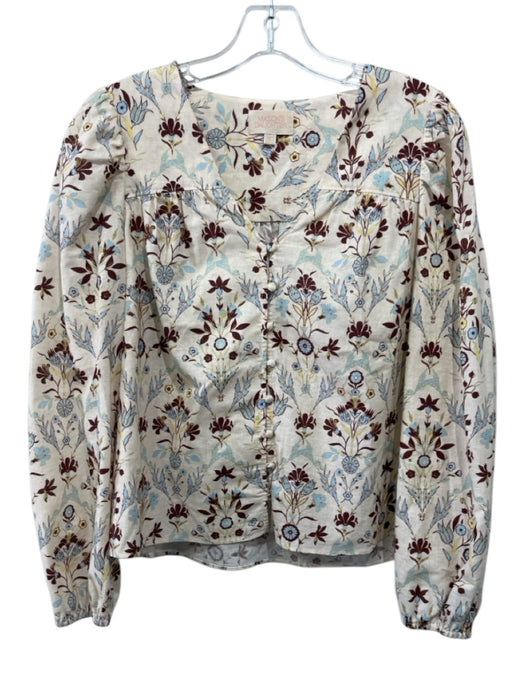 Mason's Daughter Size S Cream, Brown & Blue Linen Blend Floral V Neck Top Cream, Brown & Blue / S