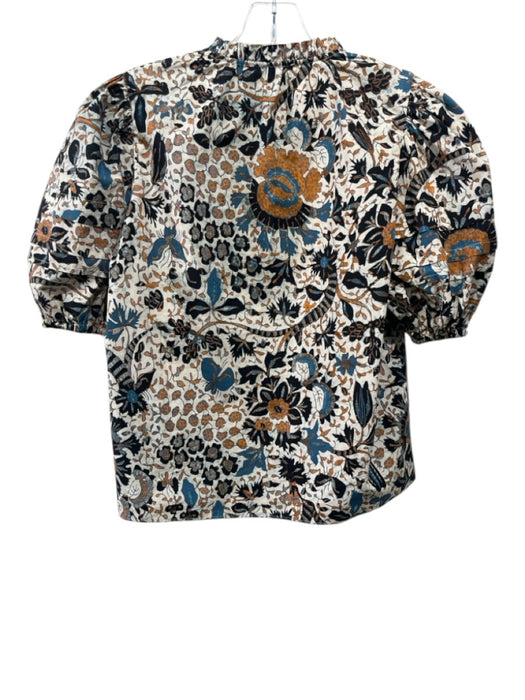 Ulla Johnson Size 2 White, Blue & Orange Cotton Botanical Short Puff Sleeve Top White, Blue & Orange / 2