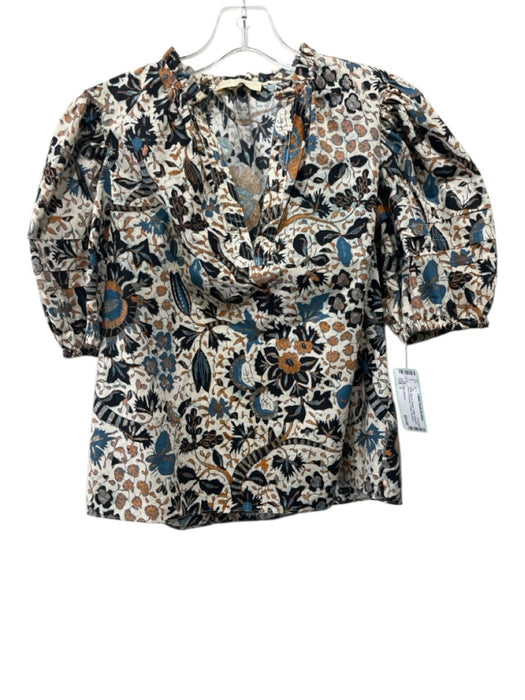 Ulla Johnson Size 2 White, Blue & Orange Cotton Botanical Short Puff Sleeve Top White, Blue & Orange / 2
