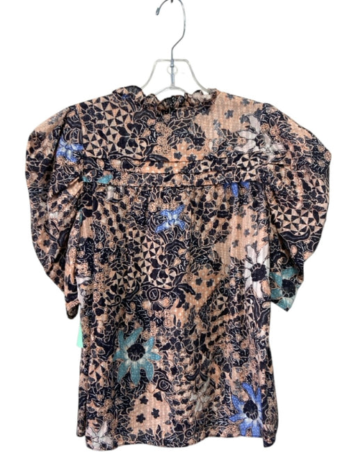 Ulla Johnson Size 2 Pink, Blue & Black Cotton Blend Abstract Botanical Print Top Pink, Blue & Black / 2