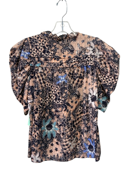 Ulla Johnson Size 2 Pink, Blue & Black Cotton Blend Abstract Botanical Print Top Pink, Blue & Black / 2