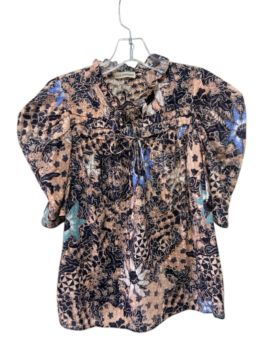 Ulla Johnson Size 2 Pink, Blue & Black Cotton Blend Abstract Botanical Print Top Pink, Blue & Black / 2