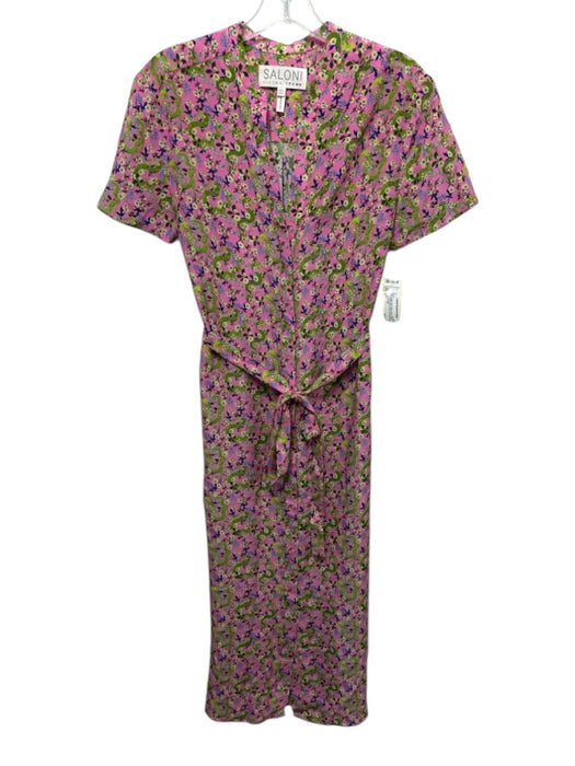 Saloni Size 0 Pink & Multi Silk Button Front Floral Print Short Sleeve Dress Pink & Multi / 0