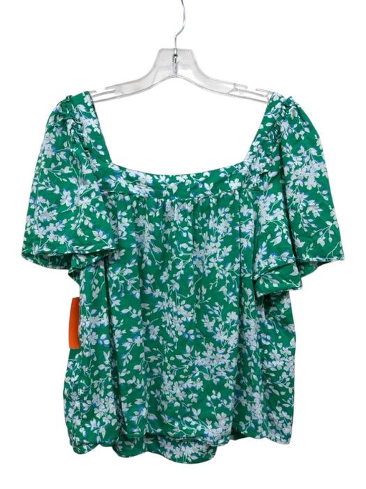 Draper James Size L Green, Blue, White Cotton Blend Short Sleeve Floral Top Green, Blue, White / L