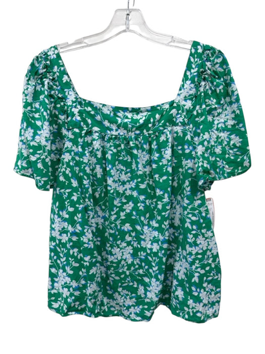 Draper James Size L Green, Blue, White Cotton Blend Short Sleeve Floral Top Green, Blue, White / L