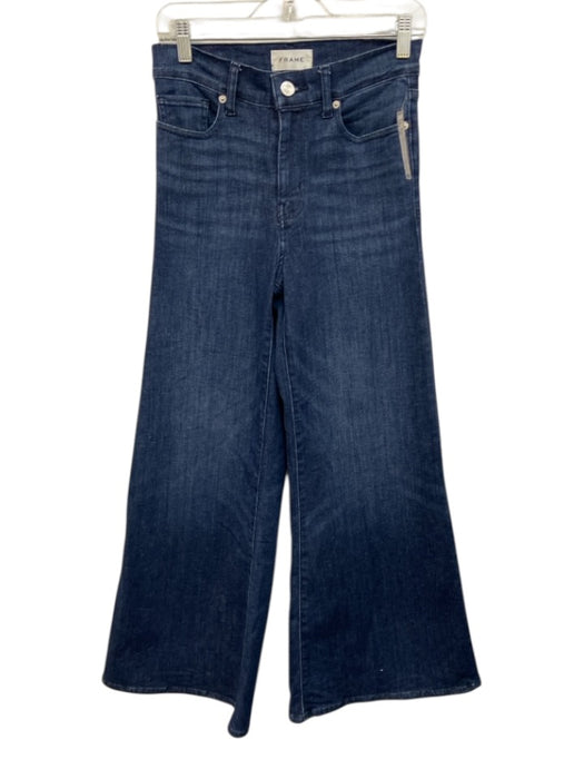 Frame Size 26 Dark Wash Cotton Denim High Rise Pockets Whiskering Wide Leg Jeans Dark Wash / 26