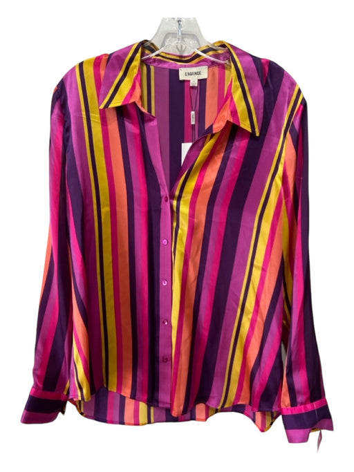 L'agence Size L Purple, Yellow, Orange Silk Striped Long Sleeve Button up Top Purple, Yellow, Orange / L