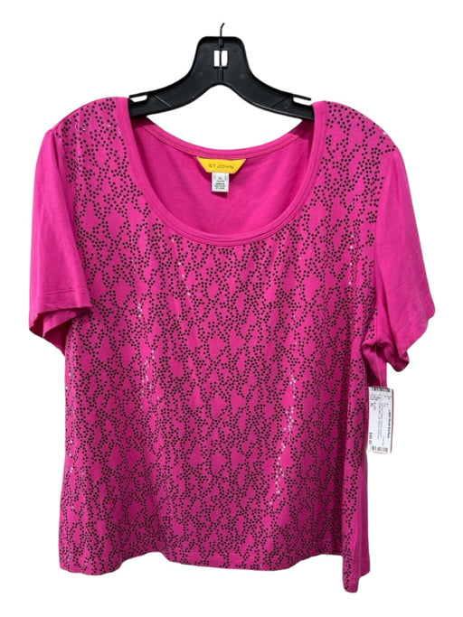 St. John Size XL Hot Pink & Black Viscose Sequins Scoop Neck Cap Sleeve Top Hot Pink & Black / XL