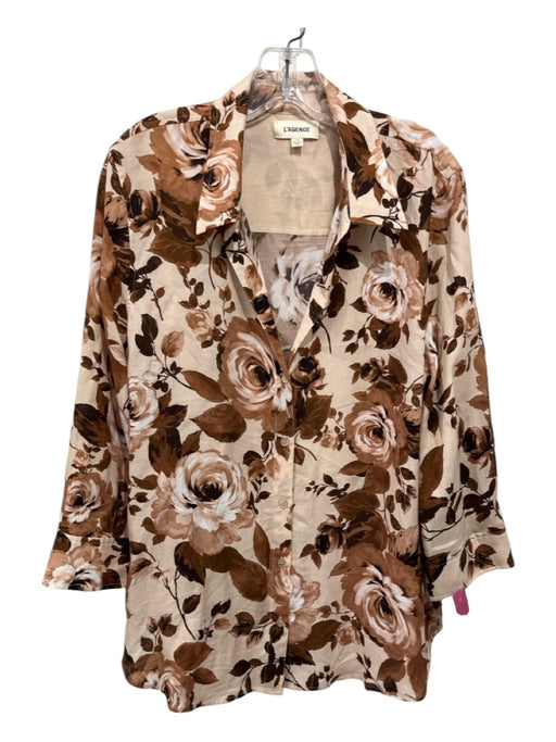 L'agence Size L Brown, Cream, Tan Viscose Floral Button Up Long Sleeve Top Brown, Cream, Tan / L