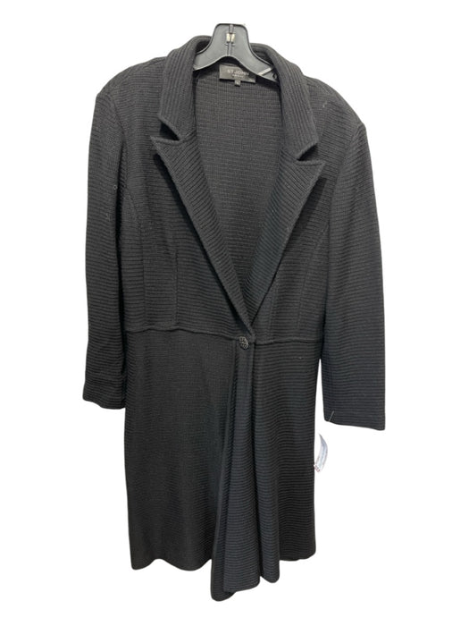 St John Size 12 Black Rayon & Wool Ribbed Knit Collar Jeweled Button Long Jacket Black / 12