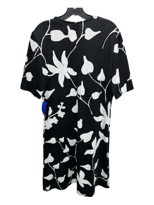 St John Size 12 Black & White Wool Blend Short Sleeve Leaves Knit Back Zip Dress Black & White / 12