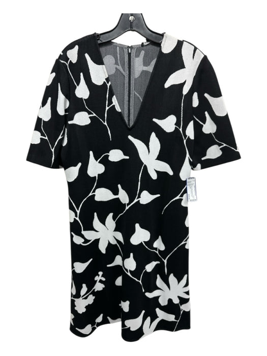 St John Size 12 Black & White Wool Blend Short Sleeve Leaves Knit Back Zip Dress Black & White / 12