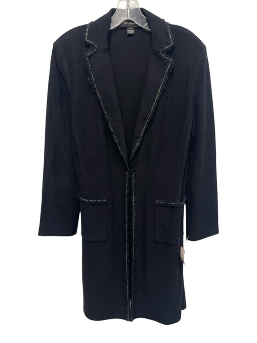 St. John Size 10 Black Wool & Rayon Long Sleeve Hook & Eye Pockets Coat Black / 10