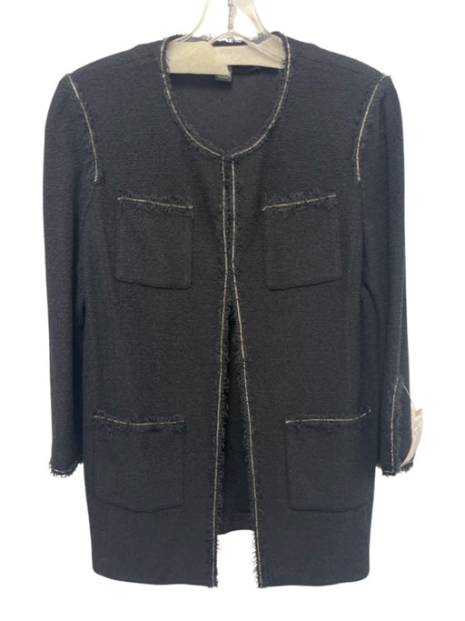 St. John Size 10 Black Wool & Rayon Fringe Gold detail Hook & Eye Jacket Black / 10