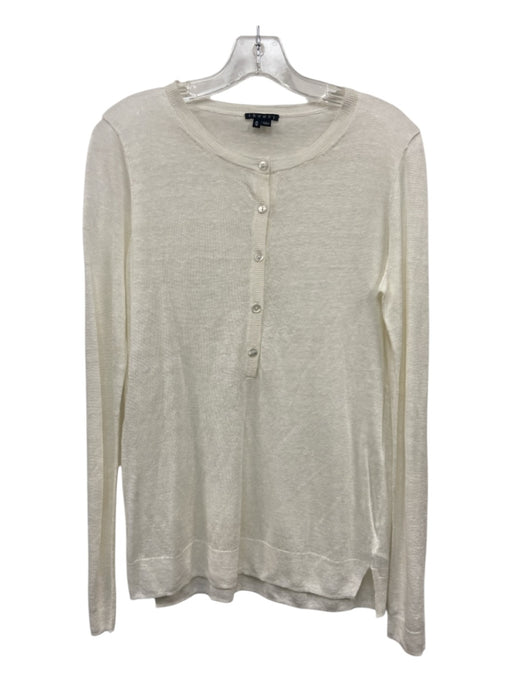 Theory Size M Cream Linen Blend Round Neck Long Sleeve half button down Top Cream / M
