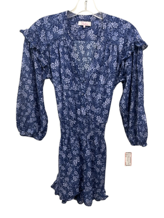 Parker Size XS Blue Cotton Floral 3/4 Balloon Sleeve Tie Waist Mini Romper Blue / XS