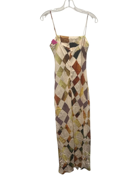 ROMY Size S Cream, Brown & Yellow Viscose Blend Spaghetti Strap Back Zip Dress Cream, Brown & Yellow / S