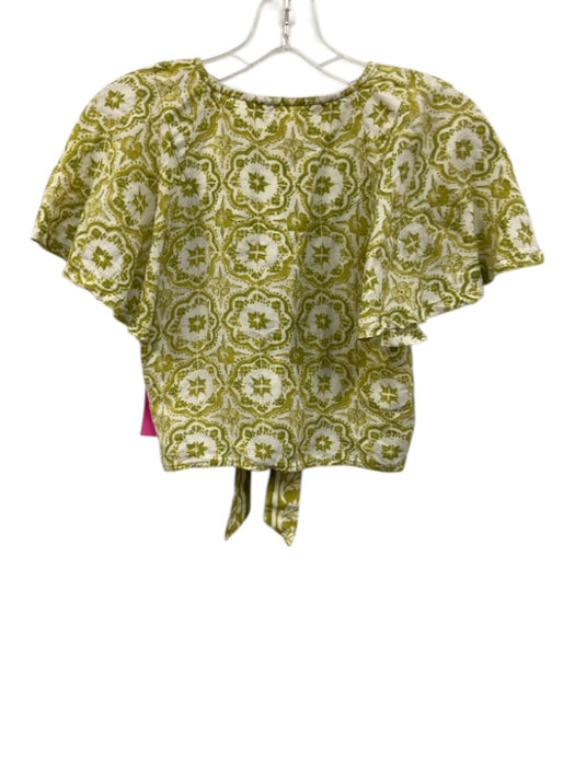 Pilcro Size XS White & Green Linen Blend Floral Mosaic Flutter Sleeve Crop Top White & Green / XS
