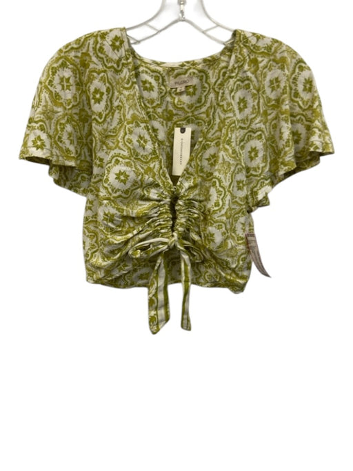Pilcro Size XS White & Green Linen Blend Floral Mosaic Flutter Sleeve Crop Top White & Green / XS