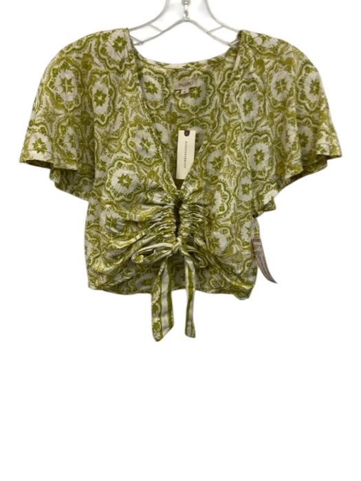 Pilcro Size XS White & Green Linen Blend Floral Mosaic Flutter Sleeve Crop Top White & Green / XS