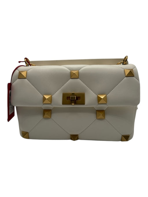 Valentino Garavani White & Gold Leather Studded Top Handle Flap Turn Lock Bag White & Gold / M