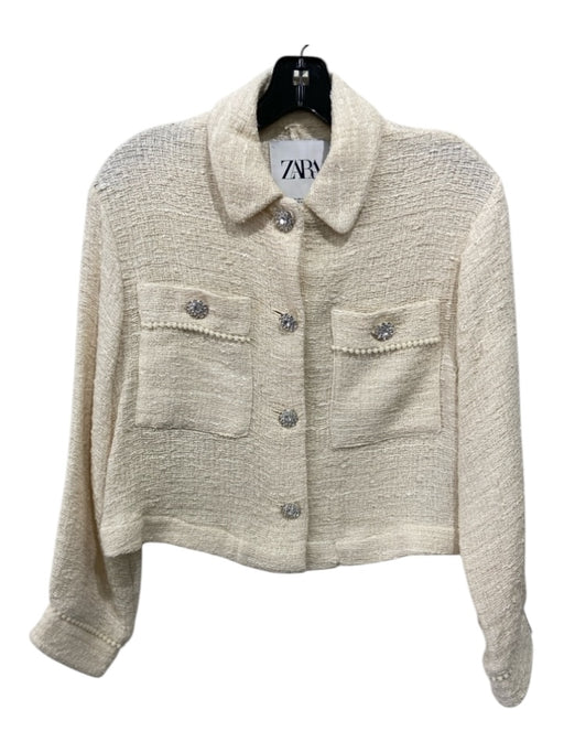 Zara Size XS Cream Polyester Tweed Crop Rhinestone Button up Jacket Cream / XS