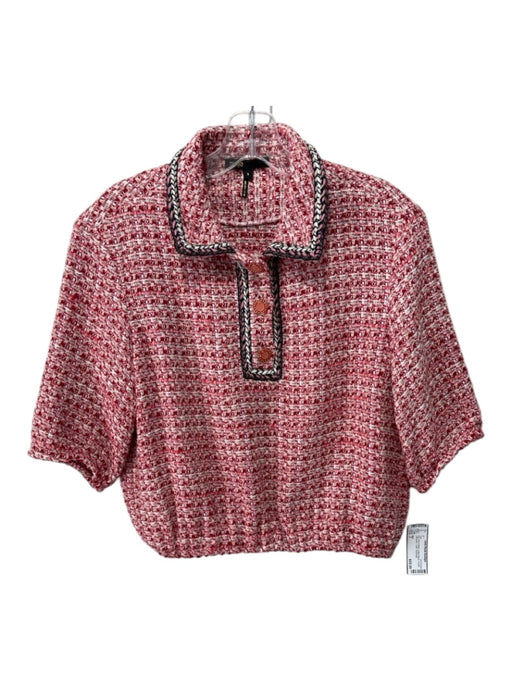 Maje Size 3 Red, Pink & White Cotton Blend Tweed Half Button Collar Top Red, Pink & White / 3