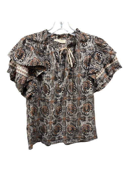 Ulla Johnson Size 8 Brown & Cream Cotton Blend Abstract Floral Top Brown & Cream / 8