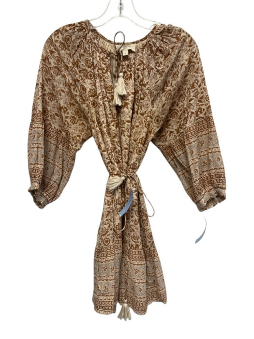 Cleobella Size S Brown & White Cotton Keyhole Front Printed Mini Tie Waist Dress Brown & White / S