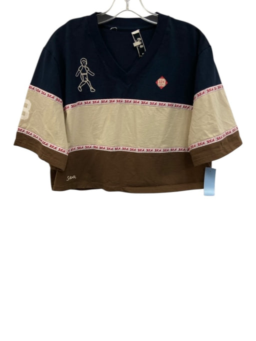 Sea New York Size M Navy, Cream & Brown Cotton Embroidered V Neck Top Navy, Cream & Brown / M