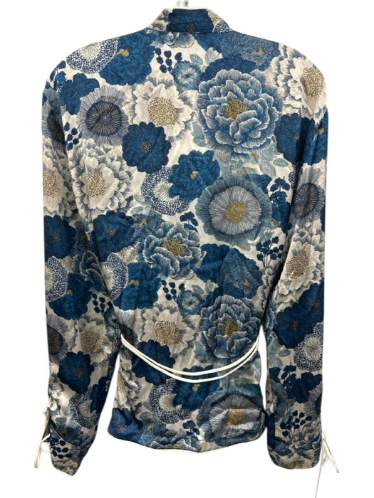 Zara Size M Blue & Cream polyester satin Tie Waist Floral Button Down Pant Set Blue & Cream / M
