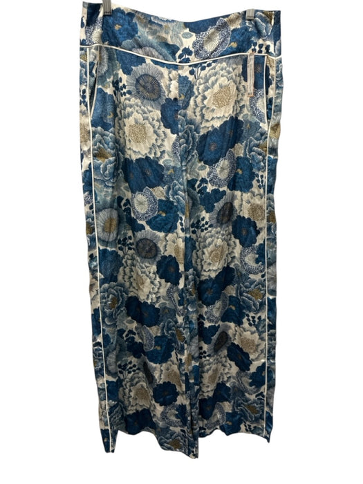 Zara Size M Blue & Cream polyester satin Tie Waist Floral Button Down Pant Set Blue & Cream / M