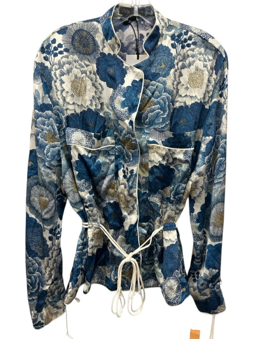 Zara Size M Blue & Cream polyester satin Tie Waist Floral Button Down Pant Set Blue & Cream / M