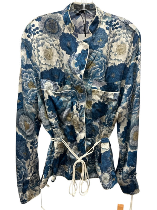 Zara Size M Blue & Cream polyester satin Tie Waist Floral Button Down Pant Set Blue & Cream / M