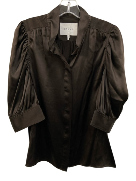 Frame Size M Dark Brown Silk Short Puff Sleeve Buttons Collar Top Dark Brown / M