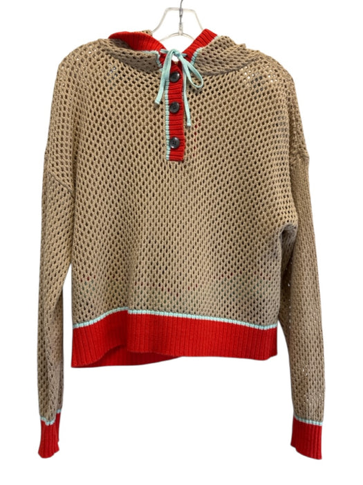 525 Size M/S Beige, Orange, Blue Cotton Open Knit Stripe Detail Hood Short Set Beige, Orange, Blue / M/S