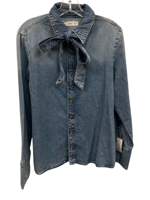 MNG by Mango Size M Light Wash Cotton & Tencel Buttons Collar Neck Tie Denim Top Light Wash / M