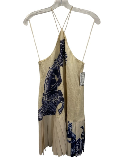 Alemais Size 6 Cream & Blue Linen Sleeveless Horse Pleat Mini Dress Cream & Blue / 6