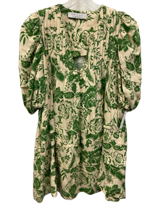 Hunter Bell Size XS Green & Cream Linen & Rayon Short Puff Sleeve Pintuck Dress Green & Cream / XS